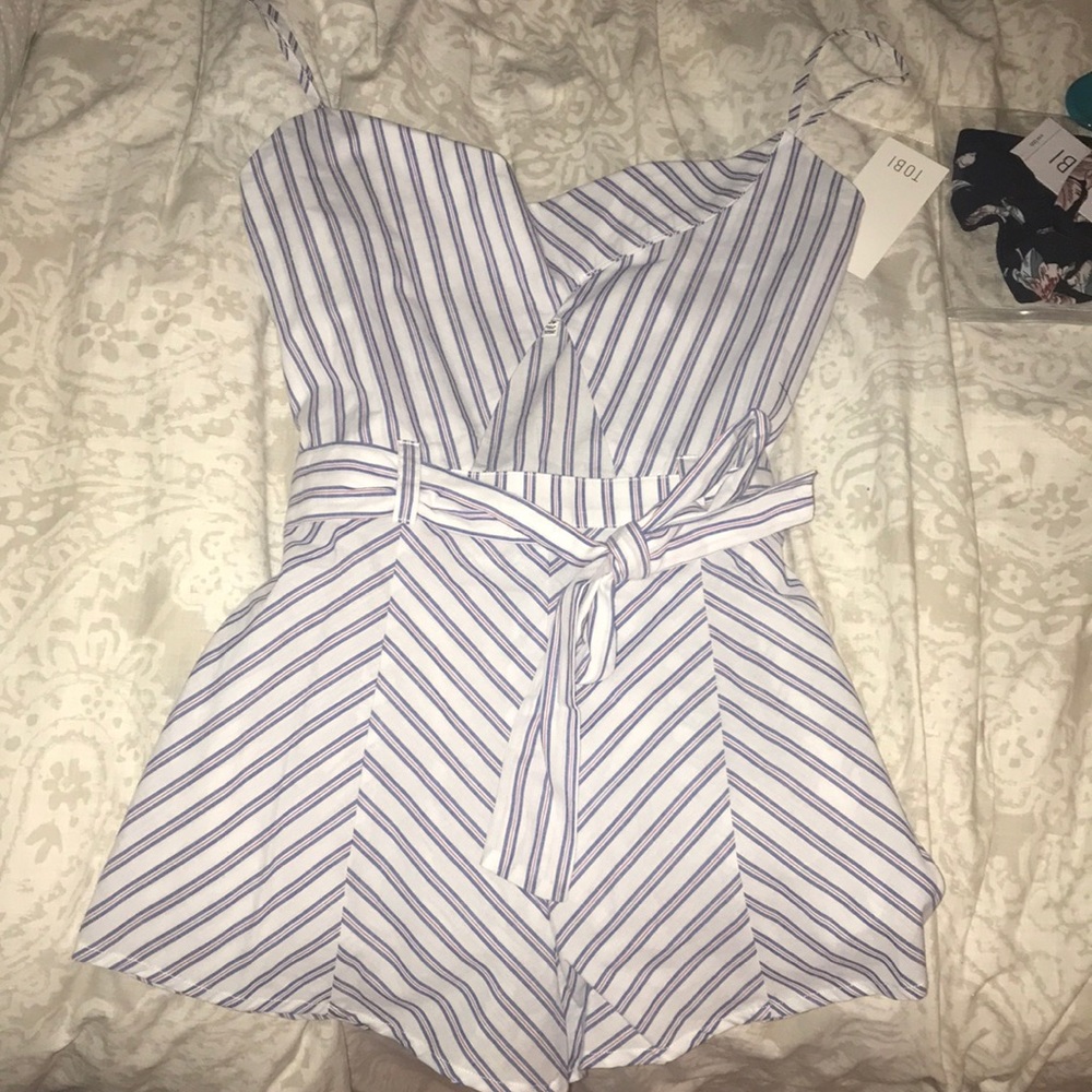 White Romper with Red and Blue Stripes and cut-out